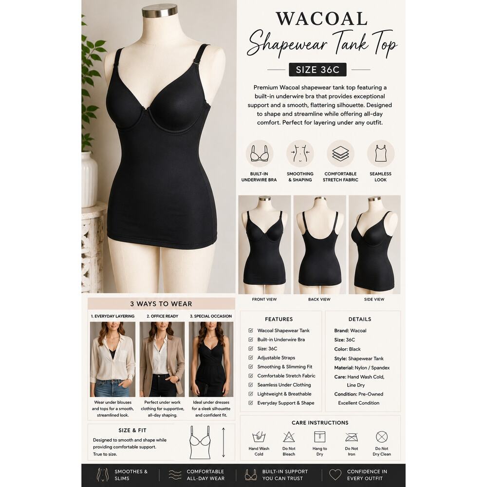 Wacoal Shapewear Tank Top Black Underwire Built In Bra Womens 38C Slimming
